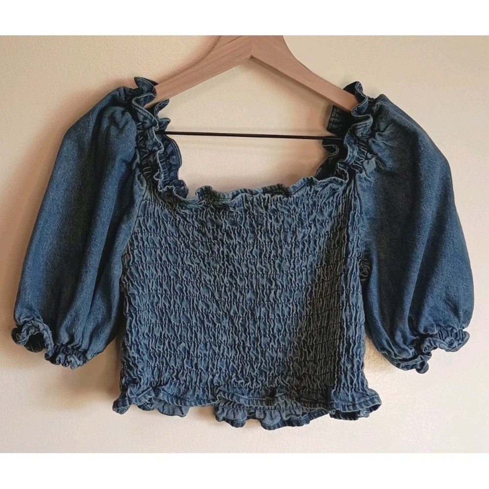 Levi's Smocked Chambray Puff Sleeve Crop Top Western Boho Medium